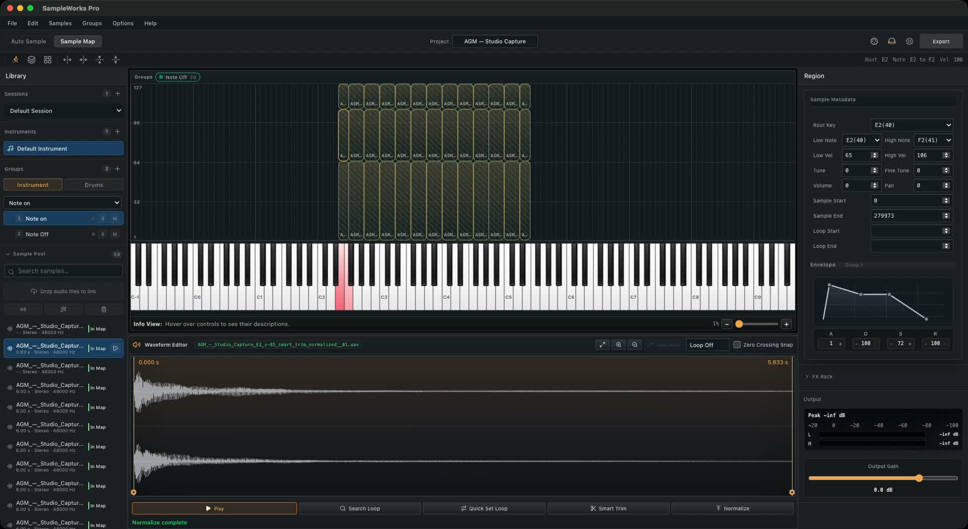 Actual SampleWorks Pro session with AGM guitar samples, three velocity layers, keyboard mapping and the stereo waveform editor